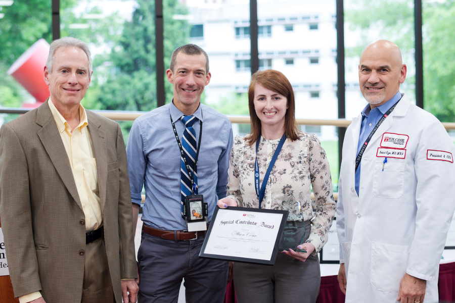 Alison Conn, Practice Administrator, Clinical Genetics, Fox Chase&nbsp;(second from right) with (from left)&nbsp;Jonathan Chernoff, MD, PhD, Cancer Center Director; presenting speaker Michael Hall, MD, MS, FASCO; and&nbsp;Fox Chase President and CEO Robert Uzzo, MD, MBA, FACS.