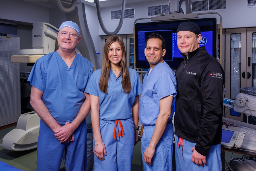 (From left to right): Brian O’Murchu, MD, FACC, Director of the Cardiac Catheterization Lab and Professor of Clinical Medicine at the Lewis Katz School of Medicine; Melissa Pietrolungo, DNP, CRNP, Structural Heart Disease Nurse Practitioner and Program Coordinator; Suyog A. Mokashi, MD, Director of the Aortic Surgery Program at Temple University Hospital and Assistant Professor of Surgery at Katz; and David M. Fiss, MD, Professor of Clinical Medicine at Katz.